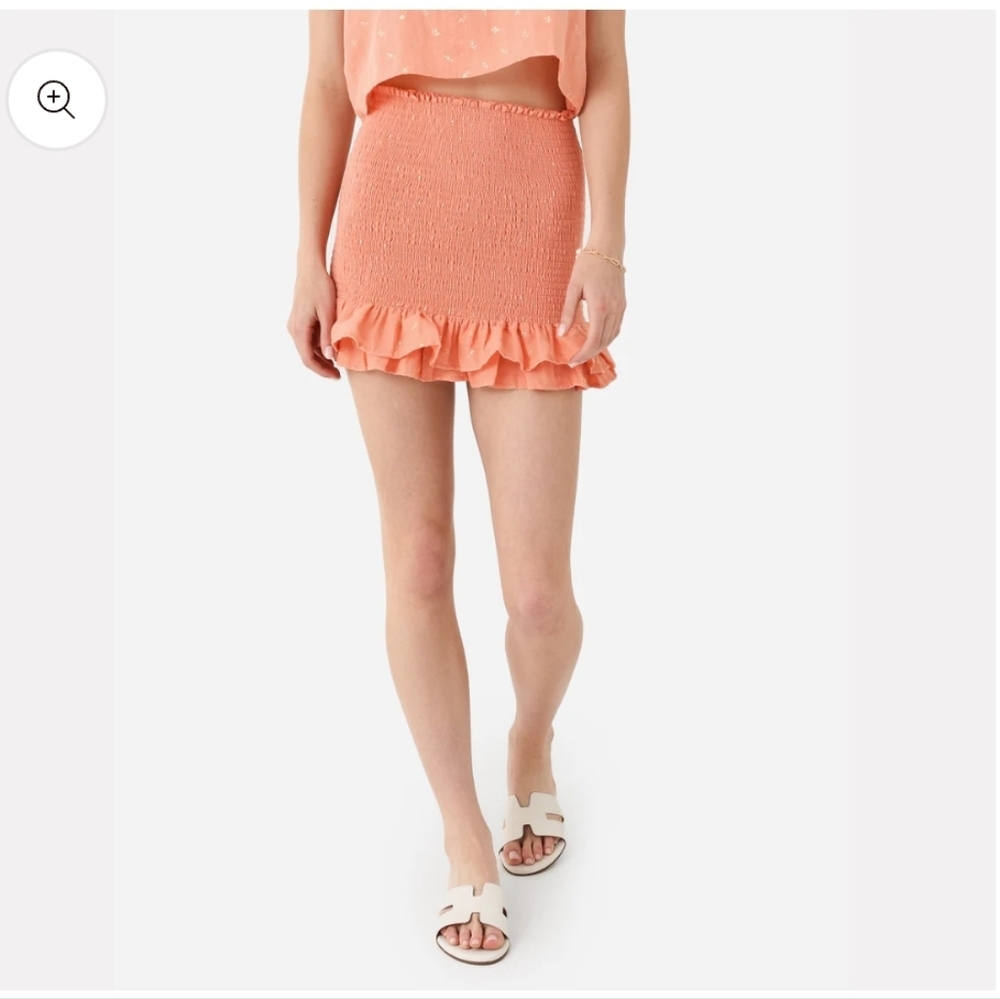 Koch NWT Nicole Coral Smocked mini skirt with double ruffle hem & metallic print